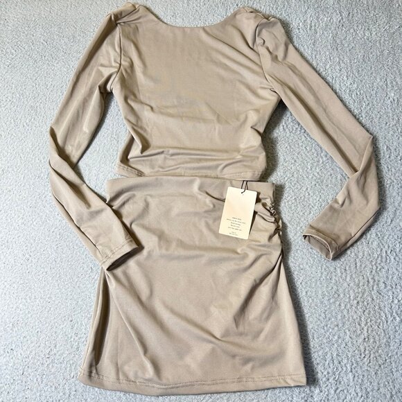 Shein Skirt Set Womens XS Tan Long Sleeve Top Skirt‎ Stretchy Body Con Nightout - Picture 1 of 16